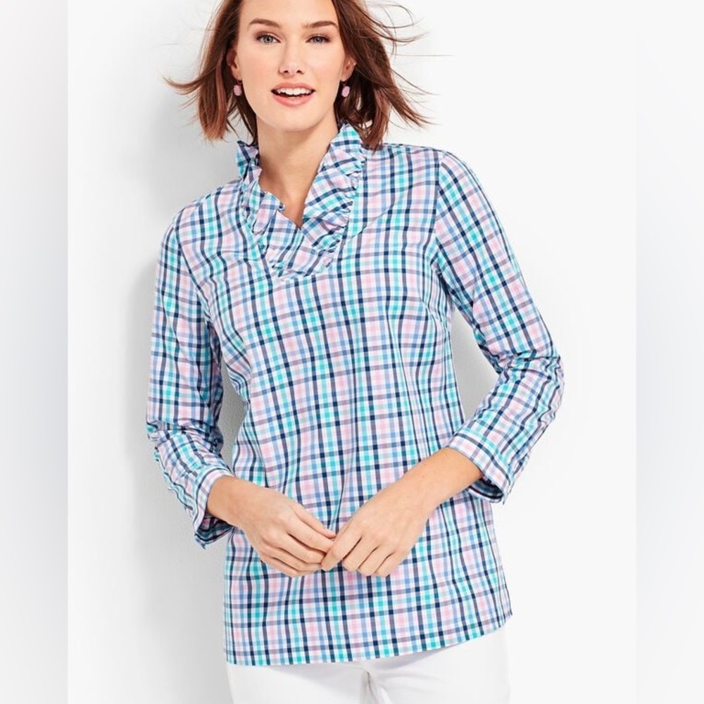 Talbots Ruffle Neck Popover Tunic Gingham Check Cotton 3/4 Sleeve (Size 16‎ P) - Picture 2 of 11